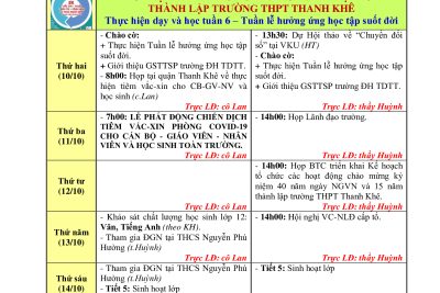 Kế hoạch công tác tuần 6 từ ngày (10/10/2022 đến 15/10/2022)