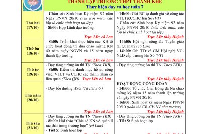 Kế hoạch công tác tuần 7(từ ngày 17/10/2022 đến 22/10/2022)